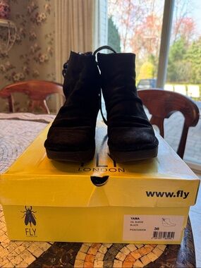 Fly London Black Suede Ankle Booties with Block Sole